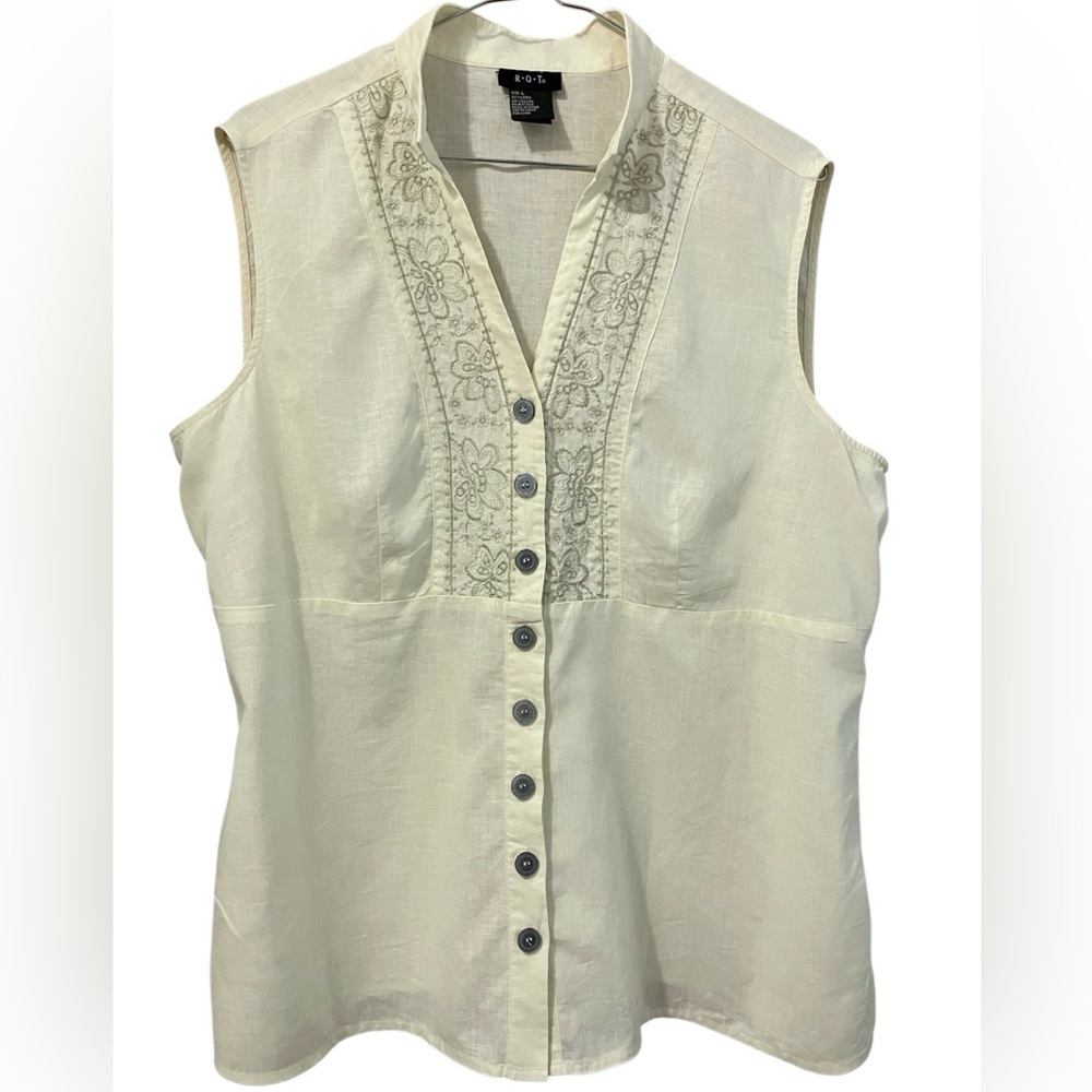 R.Q.T. Linen Blend Sleeveless Button Down Cream Blouse Embroidered Front Size L